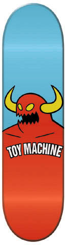 Toy Machine Monster skateboard deck: Deck fading from light blue to red, with the Toy Machine monster: a red horned devil with yellow horns and eyes and a jagged black mouth, above 'Toy Machine' in white arched lettering.