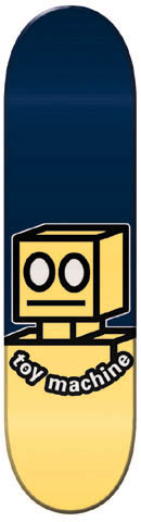 Toy Machine Robot skateboard deck: A yellow box-headed robot with round eyes and a flat mouth sits on a split deck, navy above and pale yellow below. The words 'toy machine' curve beneath it in a white bubble font.
