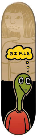 Toy Machine Thoughts skateboard deck: Cartoon green turtle-like creature in a red jumper has a yellow thought bubble reading GIRLS, while a faint outline of a woman's face and shoulders is drawn behind on a natural wood top half and black bottom.