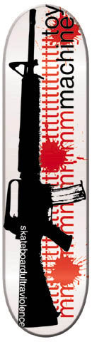 Toy Machine Machine Gun skateboard deck: A large black assault rifle silhouette runs across a white deck with red blood splatters and a repeated red letter m pattern. Toy Machine is printed vertically along the edge, with a small line of text at the tail.