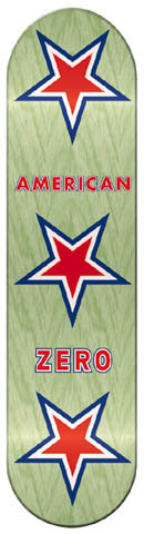 Zero American Zero skateboard deck: Three red stars with white and navy outlines stacked down a pale green wood-stained deck, with 'American' in red between the first two and 'Zero' in red between the lower two.