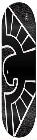 Zero Bird skateboard deck: A bold black bird with outstretched wings outlined in white, set on a dark grey ground covered in faint repeated small text. The Zero name appears vertically at the top right.