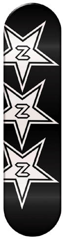 Zero Blackstar skateboard deck: Three white outlined stars stacked down a black deck, each with a Z logo at its centre.