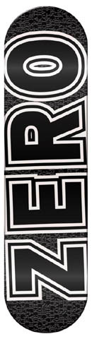 Zero Bold Logo skateboard deck: Black deck with the ZERO logo in huge white-outlined black block capitals running the full length, over a subtle textured black pattern.