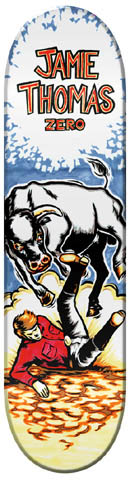 Zero Jamie Thomas Bullrider skateboard deck: Hand-drawn illustration of a black bull bucking and throwing a cowboy in a red shirt onto the dusty ground, under a rodeo-style name header. Blue and white sky above, yellow dust below.