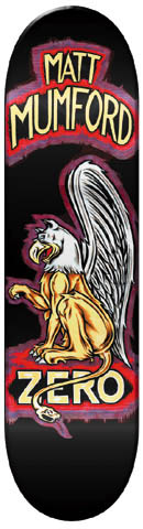 Zero Matt Mumford Griffin skateboard deck: Black deck with a seated griffin with silver wings, a gold lion's body and a snake-like tail, outlined in a red and purple glow. Rider name in a cream banner above and Zero lettering below.