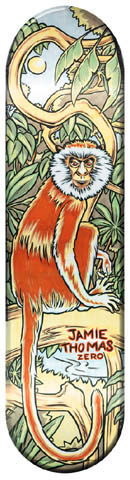 Zero Jamie Thomas Monkey skateboard deck: Illustrated orange and white monkey with a pale face perched on a branch in a lush jungle of vines and leaves, drawn in a detailed engraved style with the rider's name and Zero in the lower right.