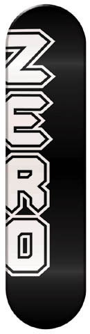 Zero New Logo skateboard deck: Black deck with the word ZERO in large white collegiate block capitals with black outlines, running vertically and cropped off the left edge.