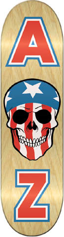 Zero Skulls'n'stripes skateboard deck: Skull wearing a stars and stripes bandana with red and white stripes down its face, between large red 'A' above and 'Z' below with blue and white outlines, on a natural wood deck.