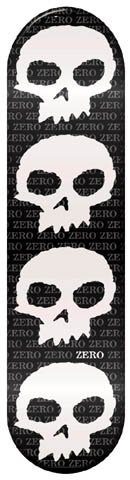 Zero Skulls skateboard deck: Four large white Zero skulls stacked down a black deck over a faint repeated 'ZERO' text pattern, with a small white 'ZERO' label by the third skull.