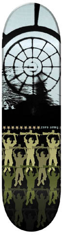Zero Zero Army skateboard deck: A grainy black and white image of a large round windowed structure at the top, above a row of gold stars and repeating silhouettes of soldiers holding rifles in olive and khaki tones fading to black.