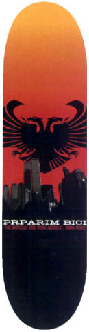 Zoo York Zoo York Prparim Bici skateboard deck: Sunset gradient from orange to red above a black double-headed eagle over a New York skyline with the Twin Towers, fading to black. Rider name and Zoo York text in a band below.