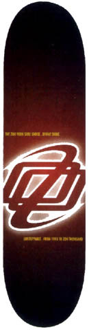 Zoo York Zoo York First String skateboard deck: A glowing white outline of the intertwined Zoo York logo on a dark maroon-to-black background, with two thin lines of small yellow text above and below it.