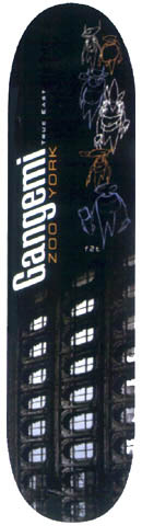 Zoo York Zoo York Robbie Gangemi Futura skateboard deck: Dark photographic deck showing a night view of a building facade with lit windows, topped by sketchy line-drawn characters in orange and blue, with Gangemi in large white lettering and Zoo York in orange.