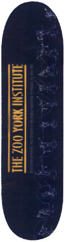 Zoo York Zoo York Institute skateboard deck: Dark navy deck with a gold block-letter logo reading The Zoo York Institute down the left side, and faint blue line drawings of a figure in repeated poses climbing the right side.