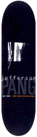 Zoo York Zoo York Jefferson Pang skateboard deck: Dark, moody black deck with a small black and white photograph of the Empire State Building seen through a window opening, above large grey and white lettering of the rider's name and a Zoo York tagline.