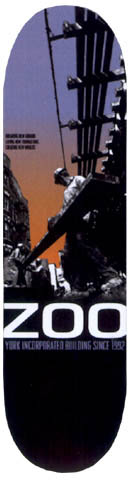 Zoo York Zoo York Building skateboard deck: Black and white photo of construction workers on a steel girder framework against a dusk sky fading from purple to orange, with large white ZOO lettering and a small YORK INCORPORATED BUILDING SINCE 1992 line on black below.