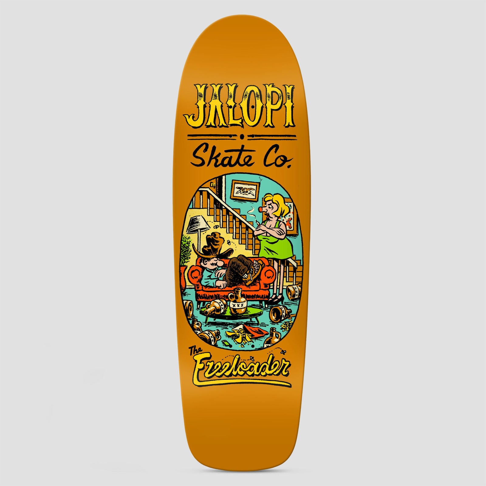 Anti Hero Team Jalopi Freeloader skateboard deck: Cartoon scene in an oval of a man in a cowboy hat sprawled asleep on a sofa among broken jugs while an angry woman in a green dress stands on the stairs. Jalopi Skate Co. lettering above and 'The Freeloader' below on orange.