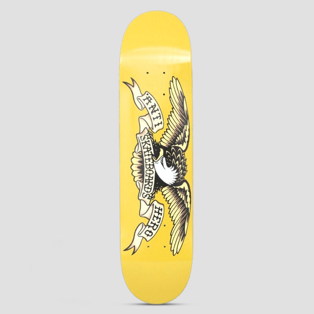 Anti Hero Classic Eagle Mini Yellow skateboard deck: The Anti Hero eagle with spread brown and cream wings clutching a banner that reads Anti Hero Skateboards, on a plain yellow deck.