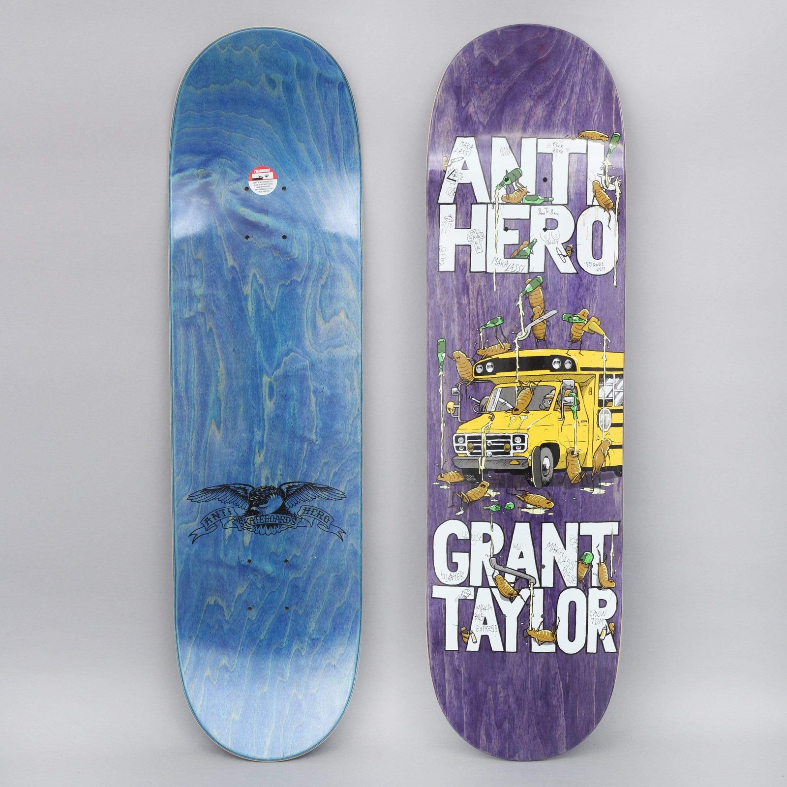 Anti Hero Taylor Maka Bus skateboard deck: A yellow minibus surrounded by swarming cockroaches, beer bottles and spilt drink, with scribbled signatures and notes across the top, under large white block lettering for the brand and rider names, on a purple stain.