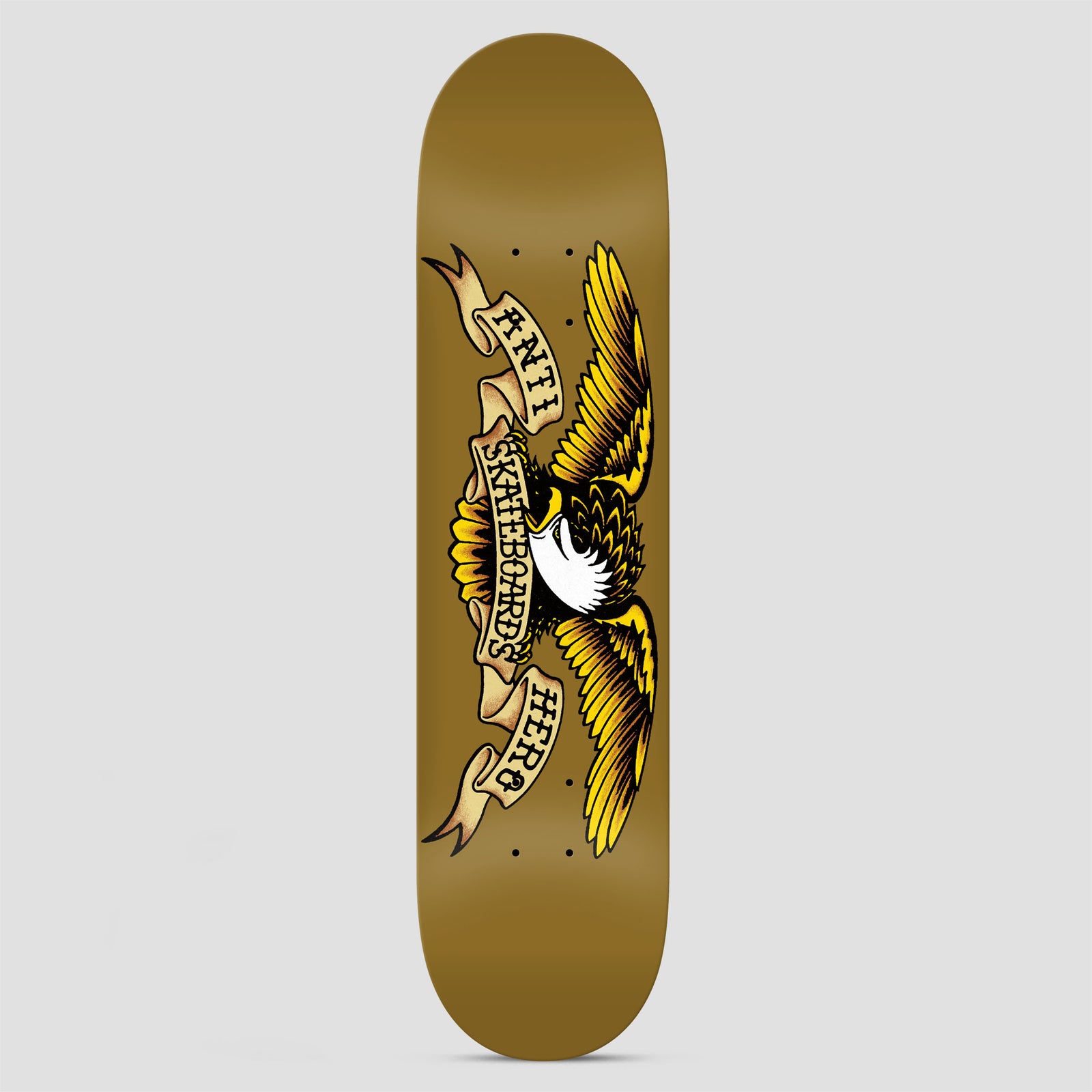Anti Hero Team Classic Eagle Brown skateboard deck: The classic Anti Hero eagle with spread yellow and brown wings, a white head, and a scroll banner reading Anti Skateboards Hero, drawn in a traditional tattoo style on a flat brown deck.