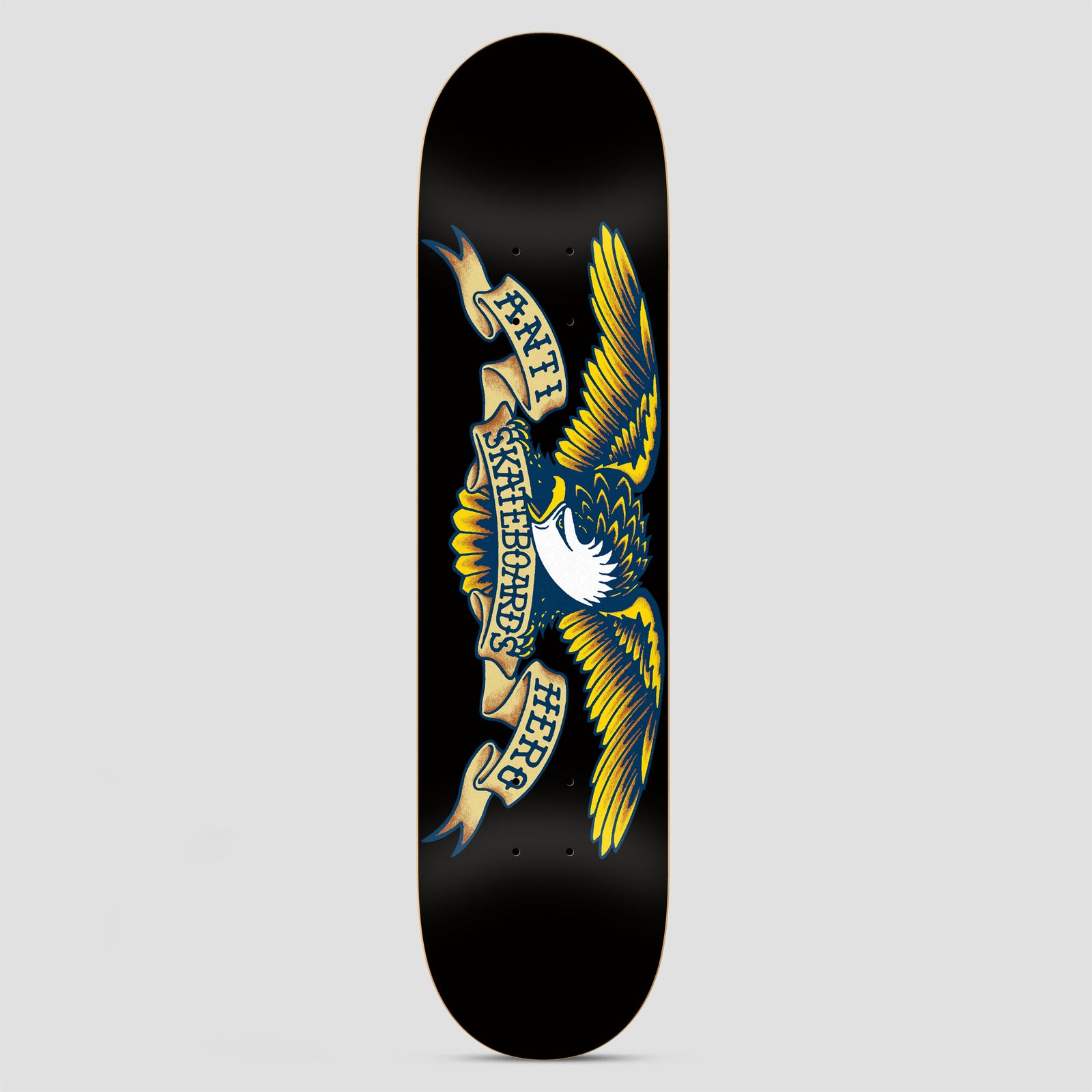 Anti Hero Team Classic Eagle Black skateboard deck: The classic Anti Hero eagle with spread gold and navy wings, a white head and a cream scroll banner reading Anti Skateboards Hero, in traditional tattoo style on a black deck.