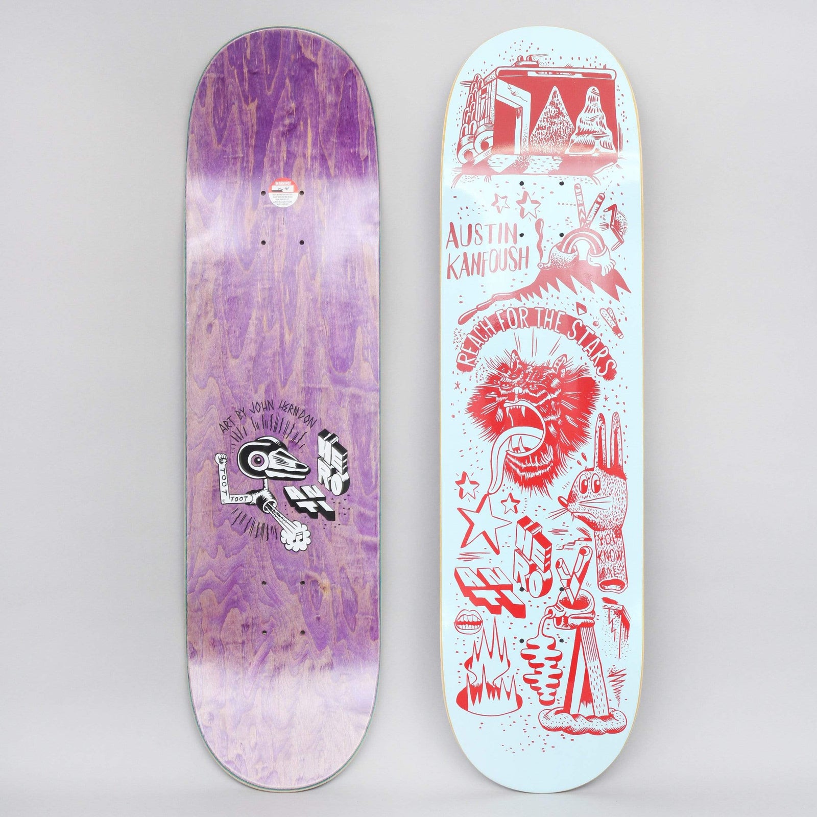 Anti Hero Kanfoush Reach For The Stars Blue skateboard deck: Pale blue deck covered in red line drawings including a roaring gorilla, a hand, stars, flames and a building and mountain scene, with Austin Kanfoush and Reach for the Stars lettering. The photo also shows the purple-stained underside with artist credit.