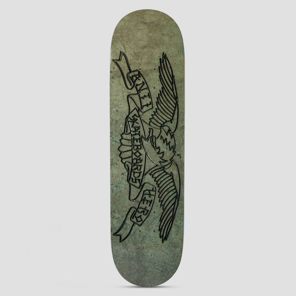 Anti Hero Treasure Island Eagle Short Grey skateboard deck: A black outline of the Anti Hero eagle with banner lettering, in a raised or embossed line style over a mottled grey-green deck.