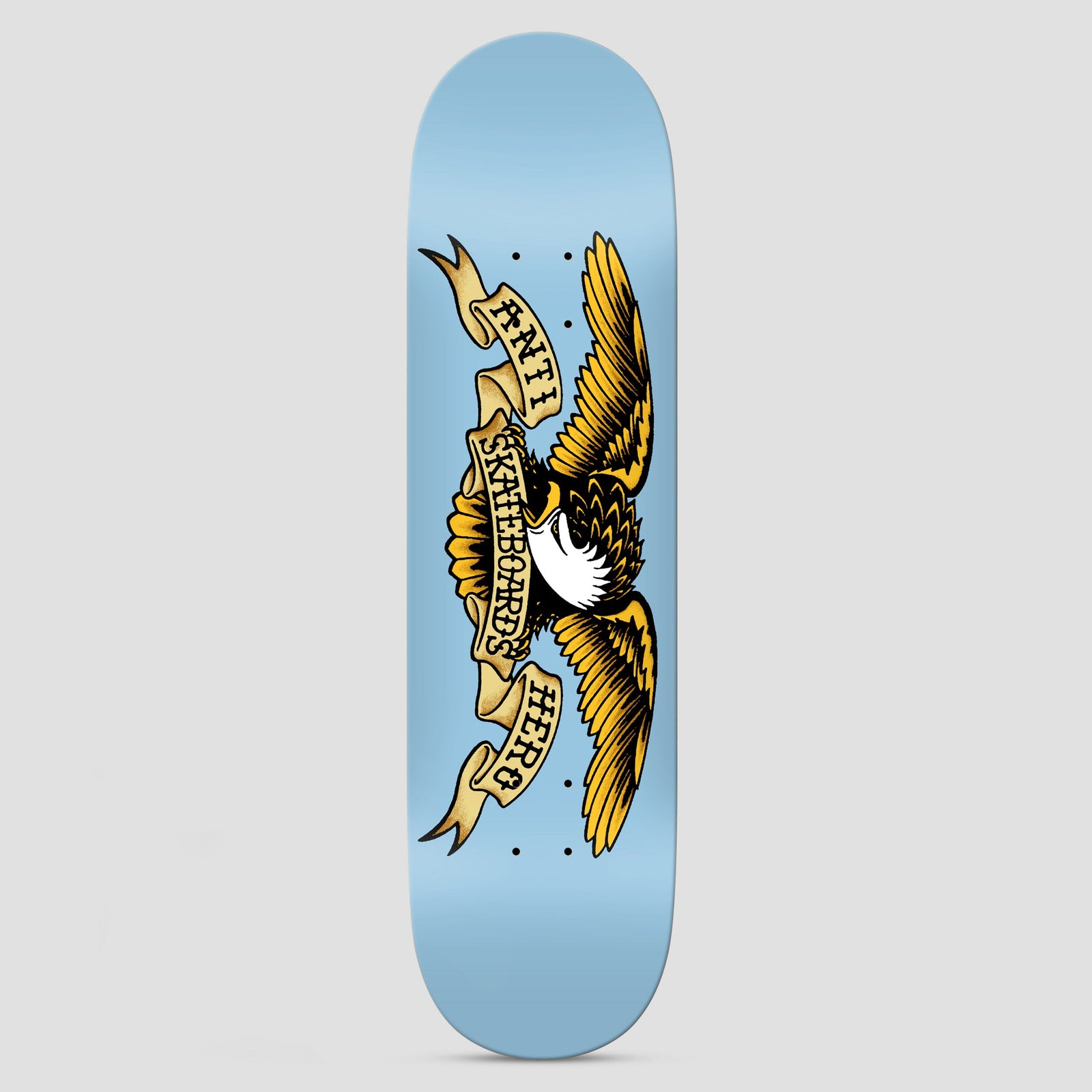 Anti Hero Classic Eagle Light Blue II skateboard deck: The Anti Hero eagle logo in black, gold and white, wings spread, with a banner across its chest reading Anti Skateboards Hero, on a plain light blue deck.