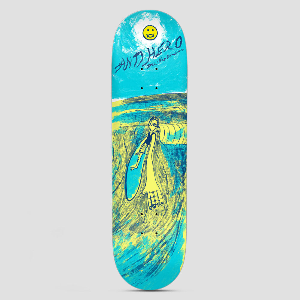 Anti Hero Daan Expressions Blue skateboard deck: Naive, childlike painting of a figure holding a surfboard in front of a breaking wave, in blue and yellow brushstrokes. A smiley face sun sits at the top beside Anti Hero handwriting.