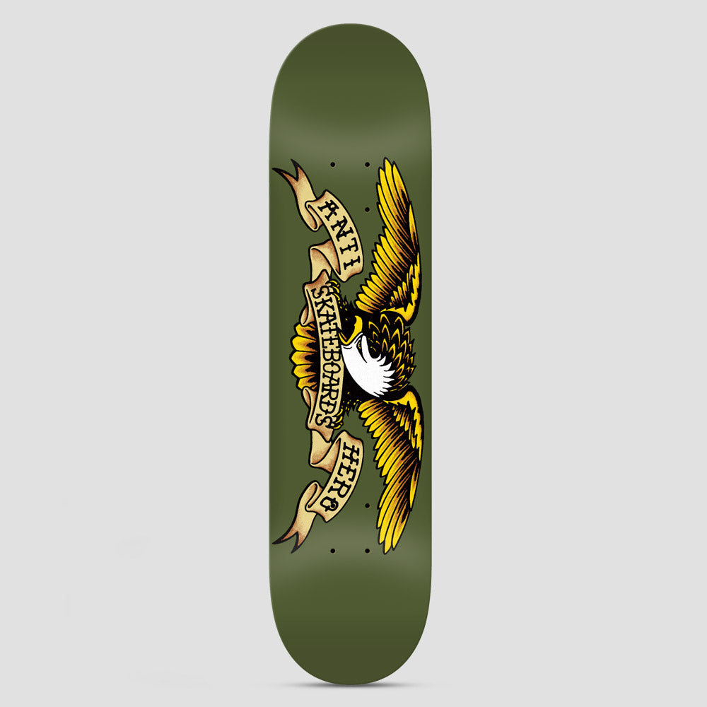 Anti Hero Classic Eagle Olive skateboard deck: Tattoo-style eagle with spread yellow and brown wings gripping a scroll banner with the brand name, centred on a plain olive green deck.