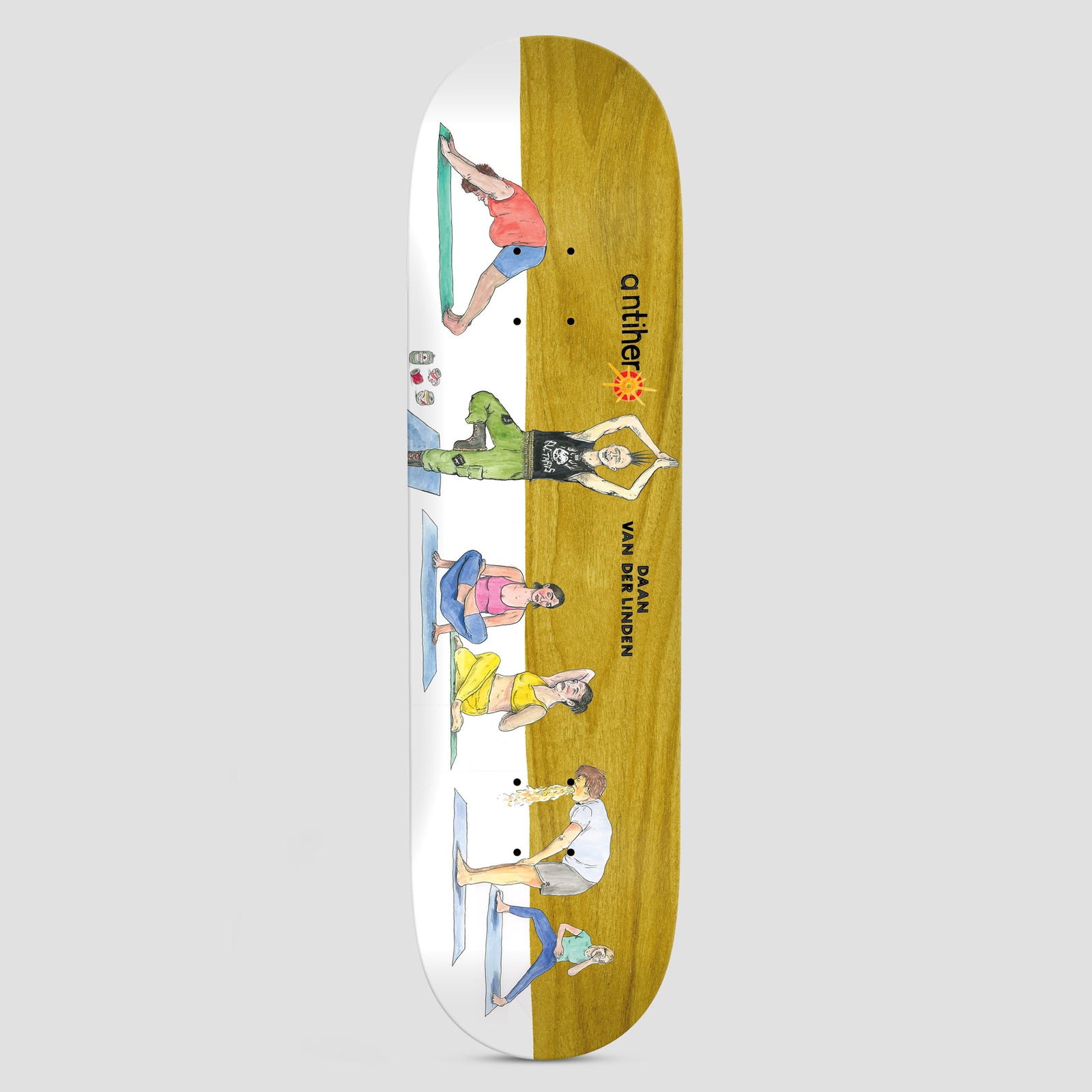 Anti Hero Daan I Farted In Yoga Class skateboard deck: Watercolour-style illustration of people on yoga mats in various poses, one man visibly farting with a small cloud, another doing a prayer pose. Left half white, right half natural yellow-brown wood stain, with Anti Hero logo.