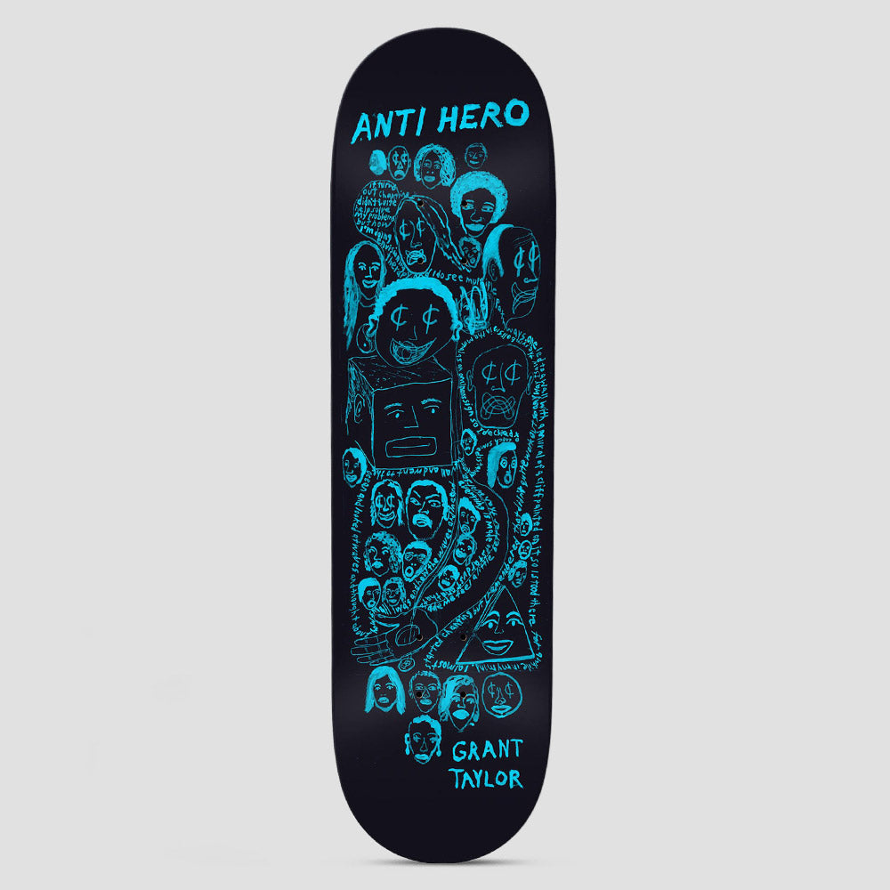 Anti Hero DBX Grant Expressions Black skateboard deck: Crude blue line drawings of many faces, some with cent-sign eyes, a box-headed figure and an all-seeing-eye triangle, linked by a winding band of tiny handwritten text on a black deck.