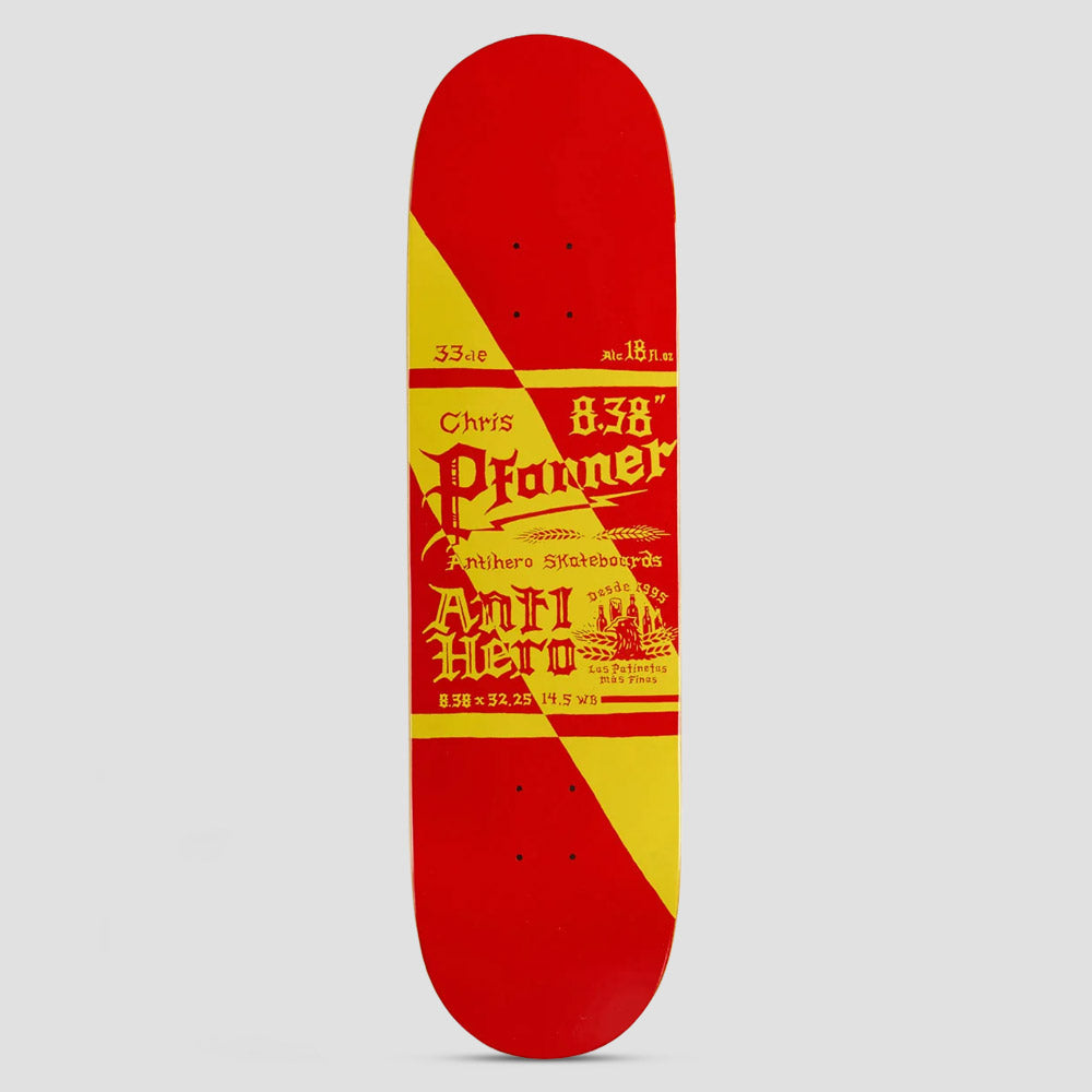 Anti Hero Pfanner Mas Refrescos Red skateboard deck: A parody beer-can label in red and yellow with a diagonal split, featuring Chris Pfanner in gothic type, Anti Hero lettering, wheat and a building emblem. Size details are printed on the label.