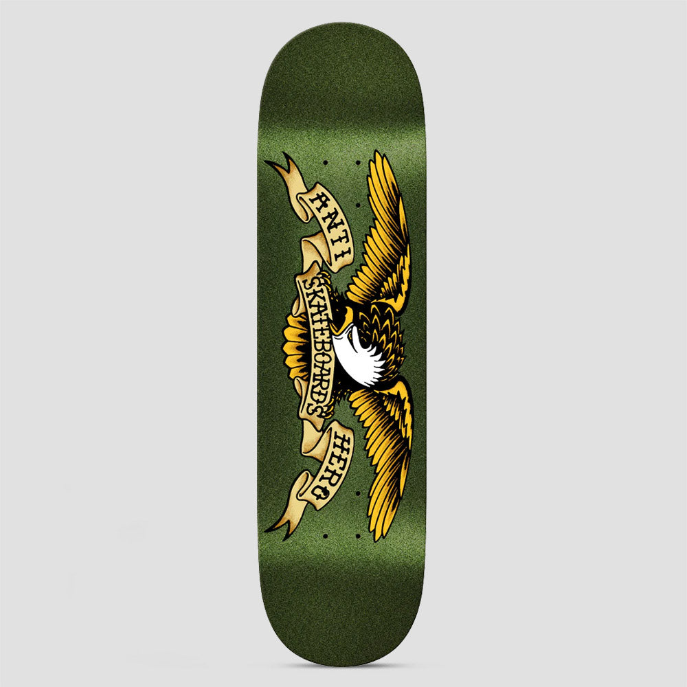 Anti Hero Team Classic Eagle Easy Rider Army skateboard deck: Anti Hero eagle with spread golden wings and a white head, clutching banners with the brand name, in traditional tattoo style on a glittery army-green deck.