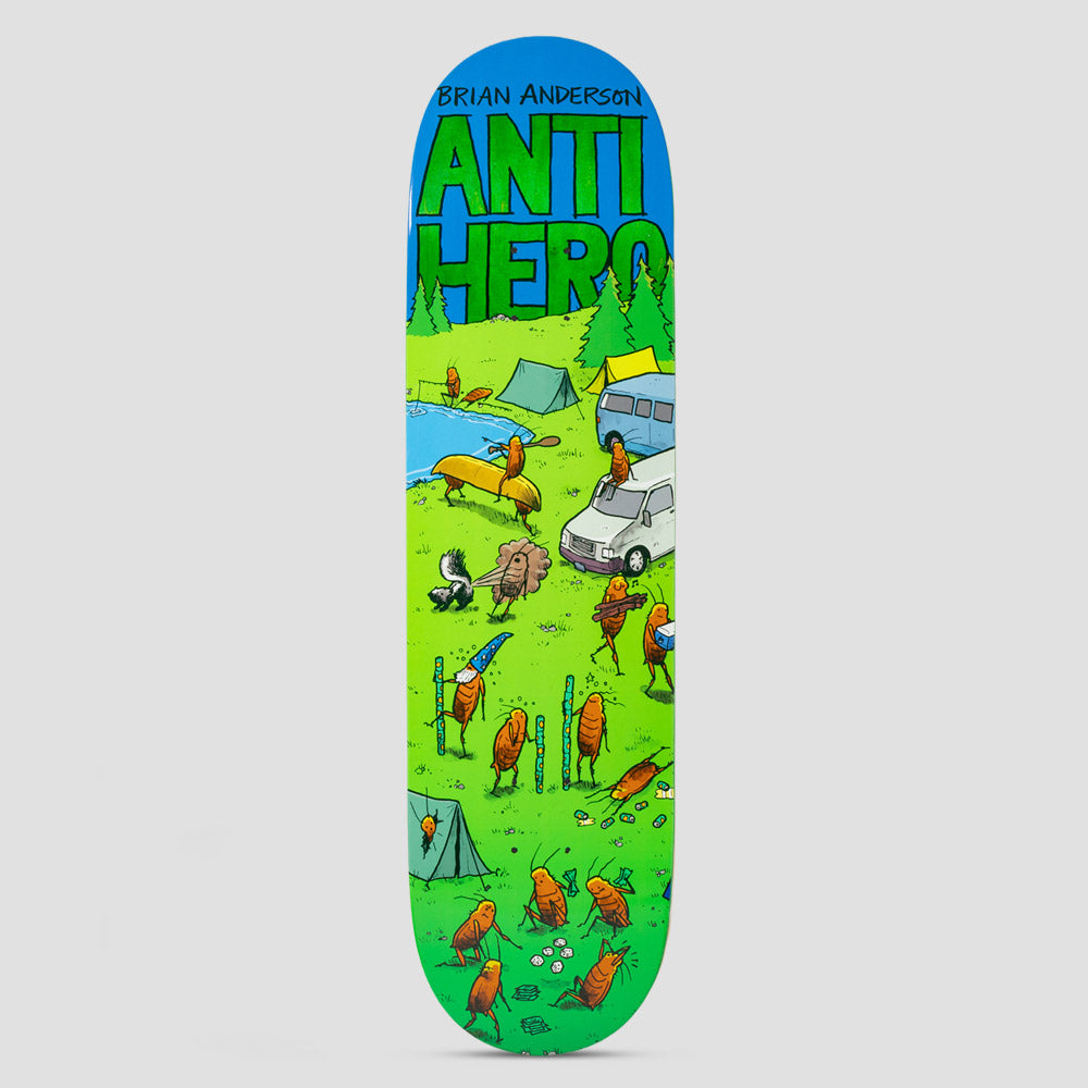 Anti Hero B.A. Roached Out 2 Green skateboard deck: Cartoon campsite scene on blue and green gradient, with cockroaches in tents, around a campervan and canoe, a skunk, and a bird. Large green Anti Hero lettering at the top with Brian Anderson above.