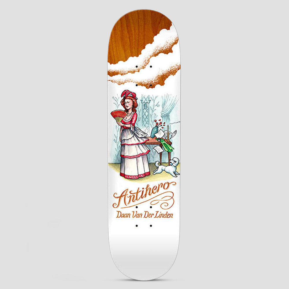Anti Hero Daan Flatulent Beauties skateboard deck: Illustrated 18th-century lady in a red and white gown holding a fan, in a drawing room with a small white dog running by, under a puffy cloud pattern on a wood-stained top. Script logo and rider name below.