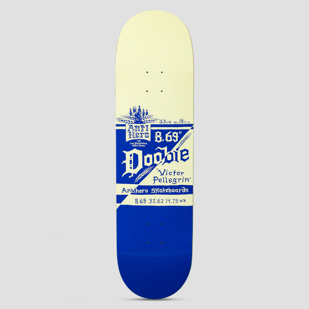 Anti Hero Doobie Mas Frescos Purple skateboard deck: Beer-label style layout with a blackletter 'Doobie', wheat sheaves and a small brand crest, in blue on a cream top half with a solid blue lower half.