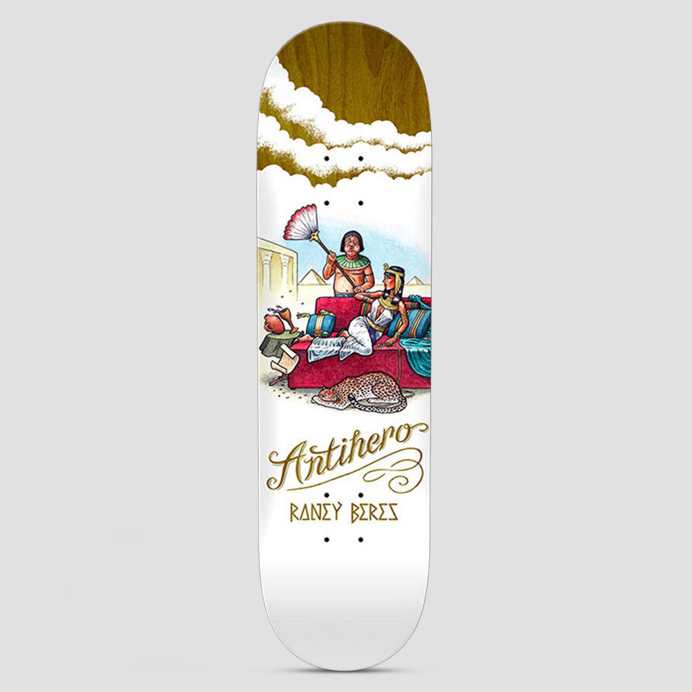 Anti Hero Beres Flatulent Beauties skateboard deck: Cartoon scene of an Egyptian queen reclining on a red couch while a servant fans her, with a spotted cat at her feet and pyramids behind. Gold script Antihero logo and rider name below, clouds at the nose.
