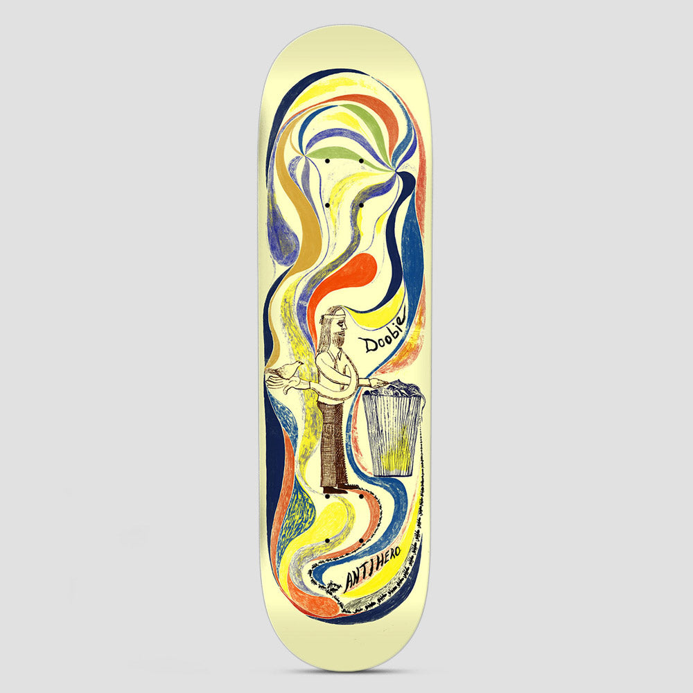 Anti Hero Doobie Expressions Cream skateboard deck: A long-haired bearded man in flared trousers feeds a bird from his hand beside a bin, surrounded by swirling ribbons of coloured crayon-like curves on a cream deck. 'Doobie' and 'Anti Hero' are handwritten.