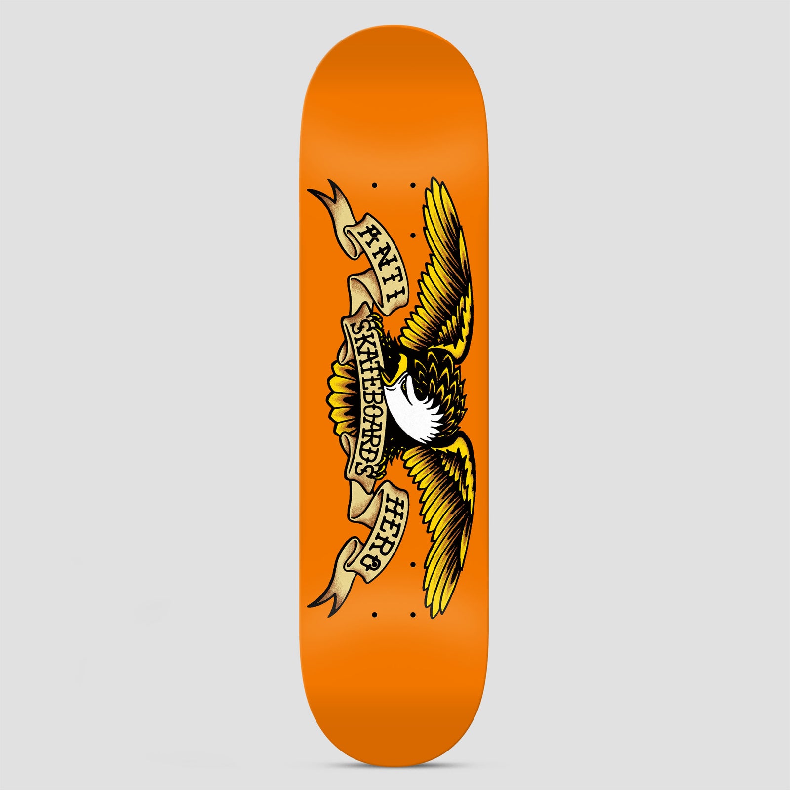 Anti Hero Team Classic Eagle DBX Orange skateboard deck: Classic Anti Hero eagle in traditional tattoo style, with spread yellow and black wings clutching a scroll banner reading ANTI HERO SKATEBOARDS, on a plain orange deck.