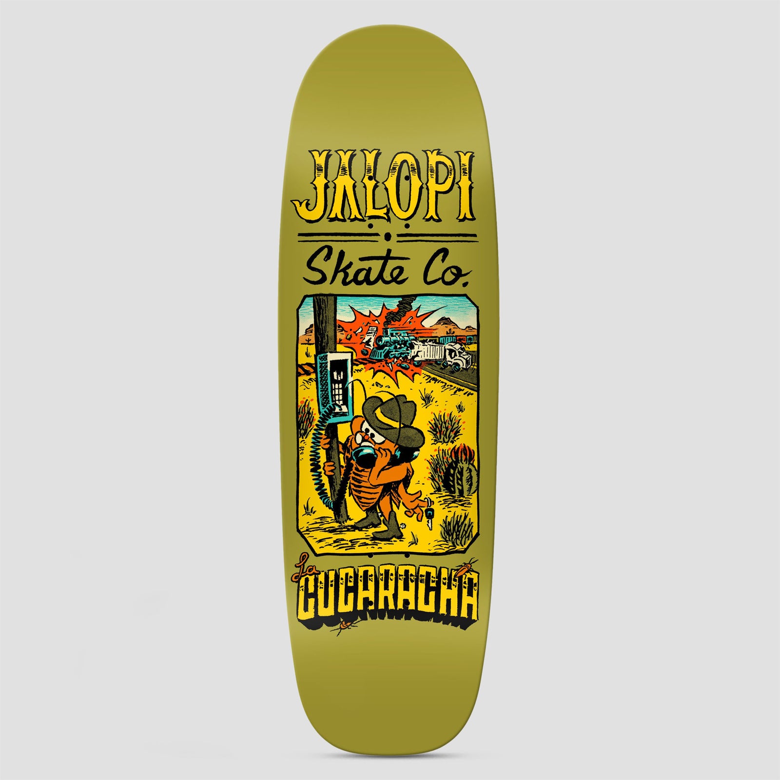 Anti Hero Team Jalopi Cucaracha skateboard deck: A cartoon cockroach in a cowboy hat uses a roadside payphone in a desert with cacti, while a vehicle explodes in the distance. Western-style lettering reads 'Jalopi Skate Co.' above and 'La Cucaracha' below, on an olive green deck.
