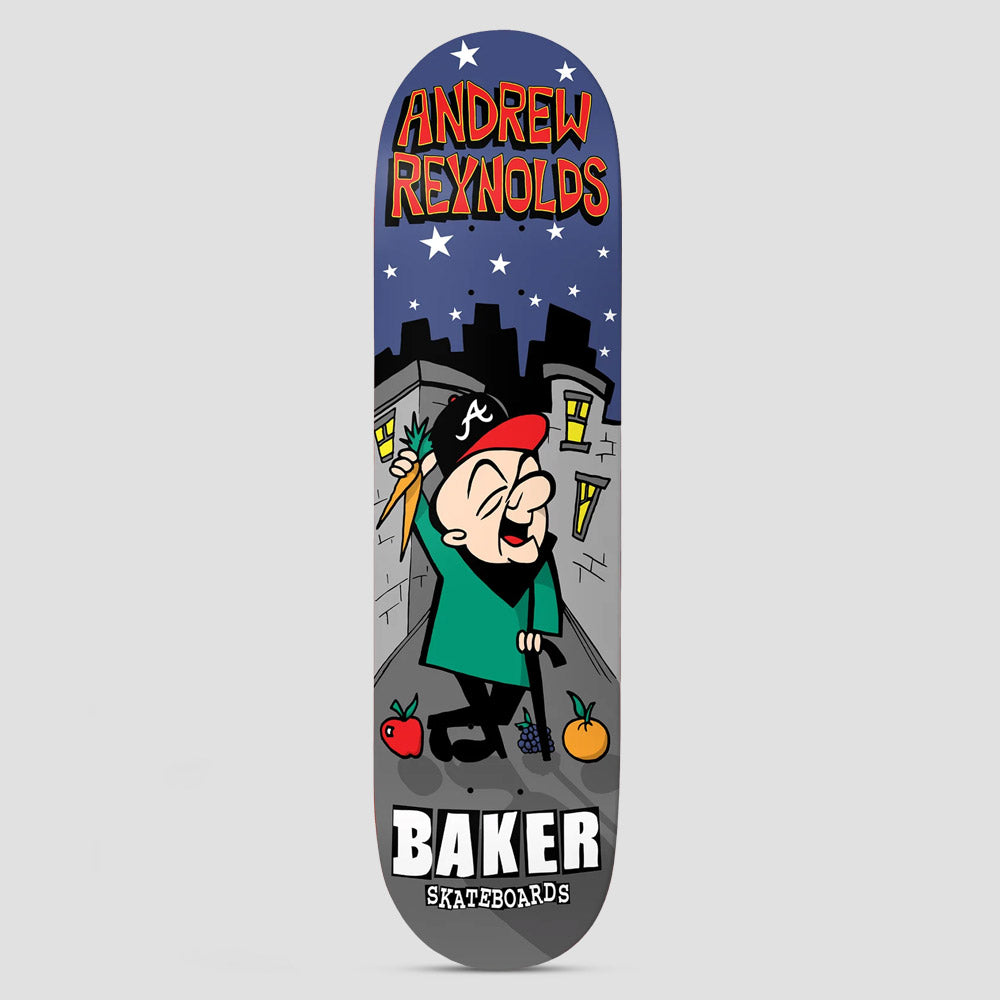 Baker Andrew Reynolds Mr Androo skateboard deck: Cartoon elderly man in a green coat and red Atlanta-style cap holding a carrot and a cane, standing in a city alley at night with stars above and fruit at his feet. Red lettered name at top, Baker logo at the bottom.