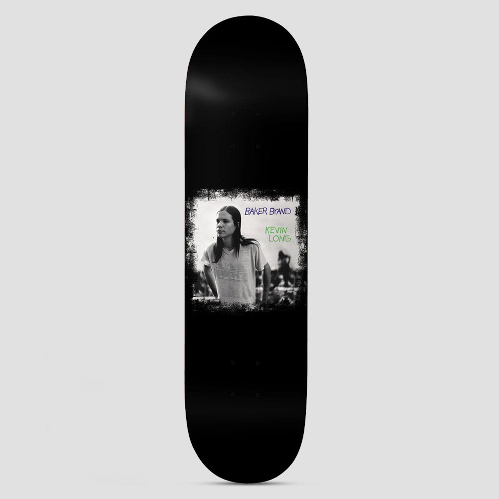 Baker Kevin Spanky Long Spanky Jr skateboard deck: A black and white photograph of a long-haired young man in a t-shirt, framed by a rough distressed border, with handwritten Baker Brand and Kevin Long text, on a plain black deck.