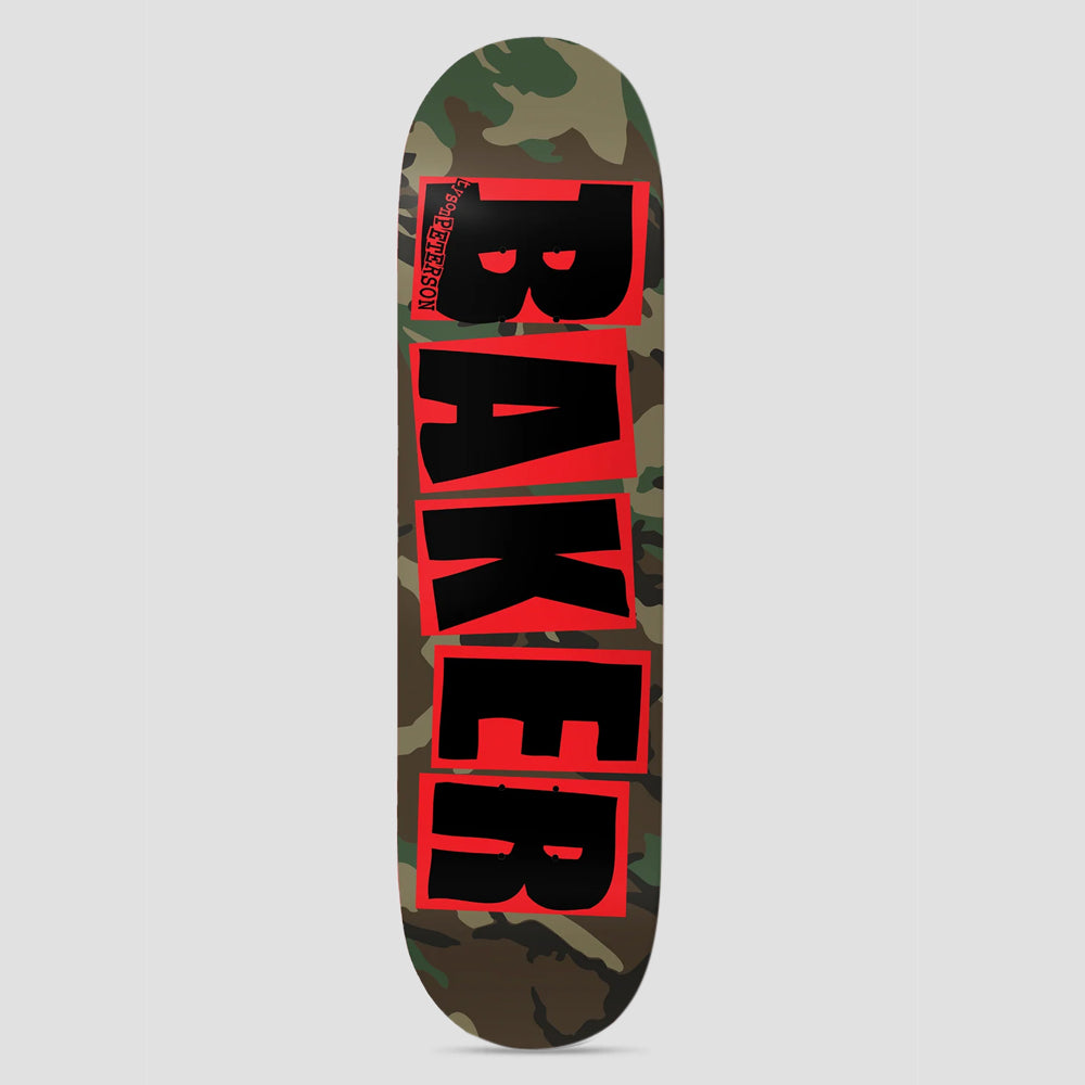 Baker Tyson Peterson Brand Logo Camo skateboard deck: Woodland camouflage deck with the Baker logo in large black letters, each on a red square, running down the length, and a small red Tyson Peterson name along the nose.