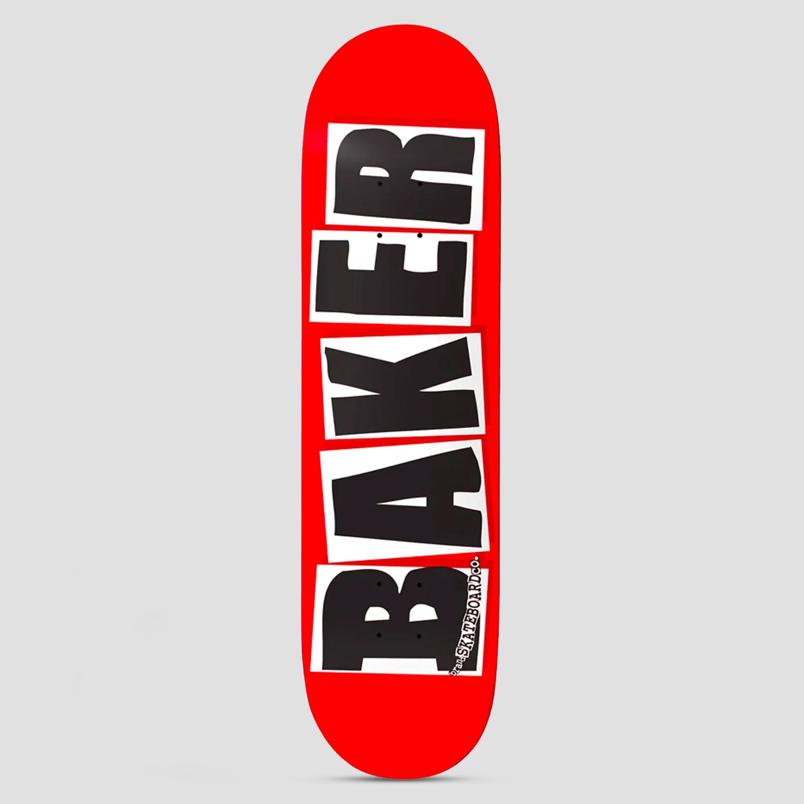 Baker 5 Brand Logo Red / Black skateboard deck: Baker logo with big black letters on white torn-paper blocks, stacked down a red deck, with Skateboard Co. in small text along the side.