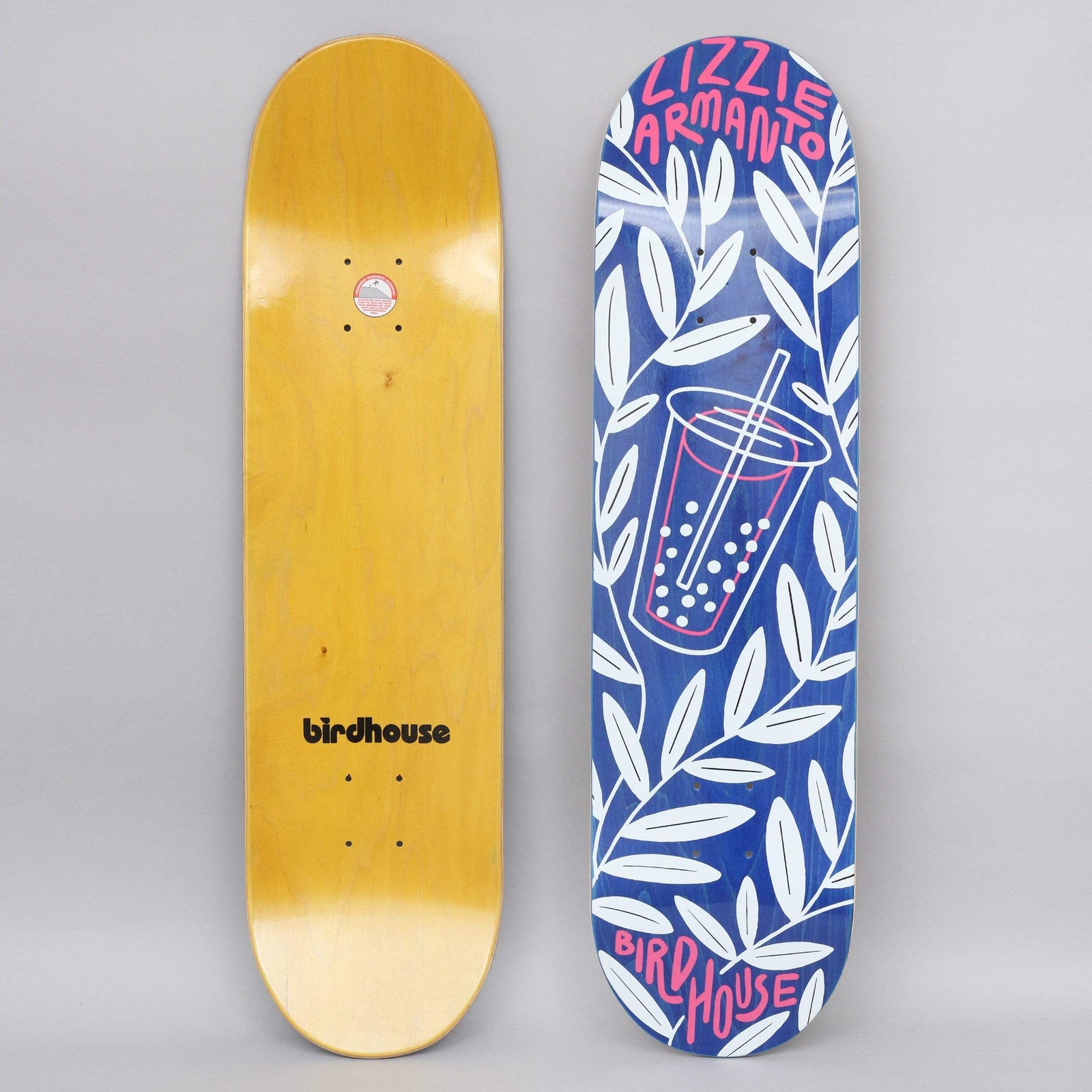 Birdhouse Armanto Boba skateboard deck: A white-outlined bubble tea cup with a straw sits among white leafy branches on a blue deck. The rider name is in pink hand-drawn capitals at the nose, and Birdhouse at the tail.