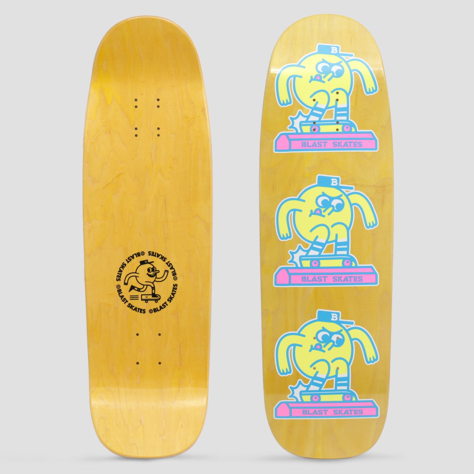 Blast Custom Shape Curb Club Yellow skateboard deck: Three yellow Blast mascot characters in blue caps, each grinding a pink curb marked Blast Skates, are stacked down a yellow-stained cruiser shaped deck. The underside has a circular Blast Skates stamp.