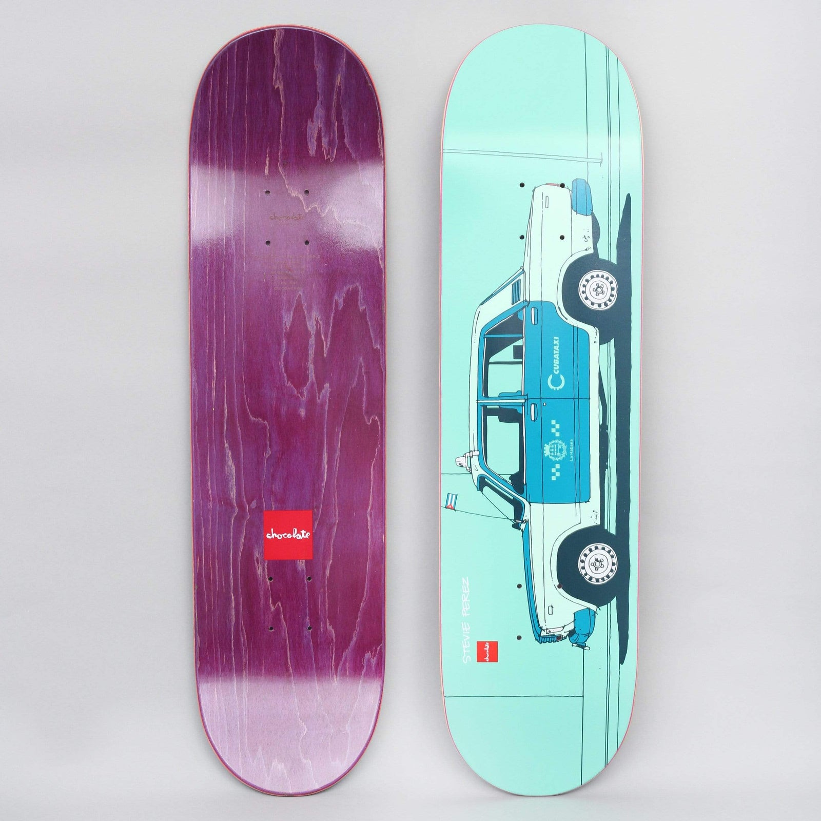 Chocolate Stevie Perez World Taxis Aqua skateboard deck: Line-drawn side view of a Cuban taxi car in white, teal and blue on a pale aqua background, with a small Cuban flag and a skater beneath the car. Rider name printed beside it.