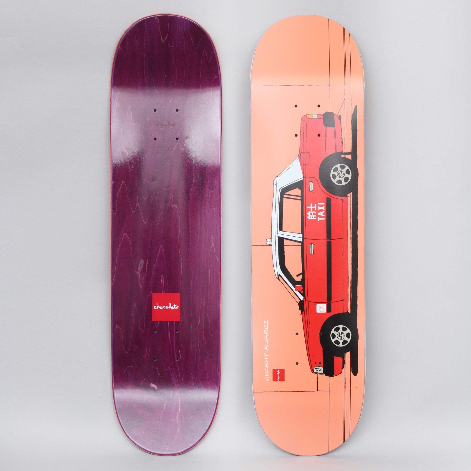 Chocolate Vincent Alvarez World Taxis Peach skateboard deck: A side-on line drawing of a red and white Hong Kong style taxi on a flat peach background. Rider name runs up the lower edge. Underside is purple stained wood with the Chocolate logo.